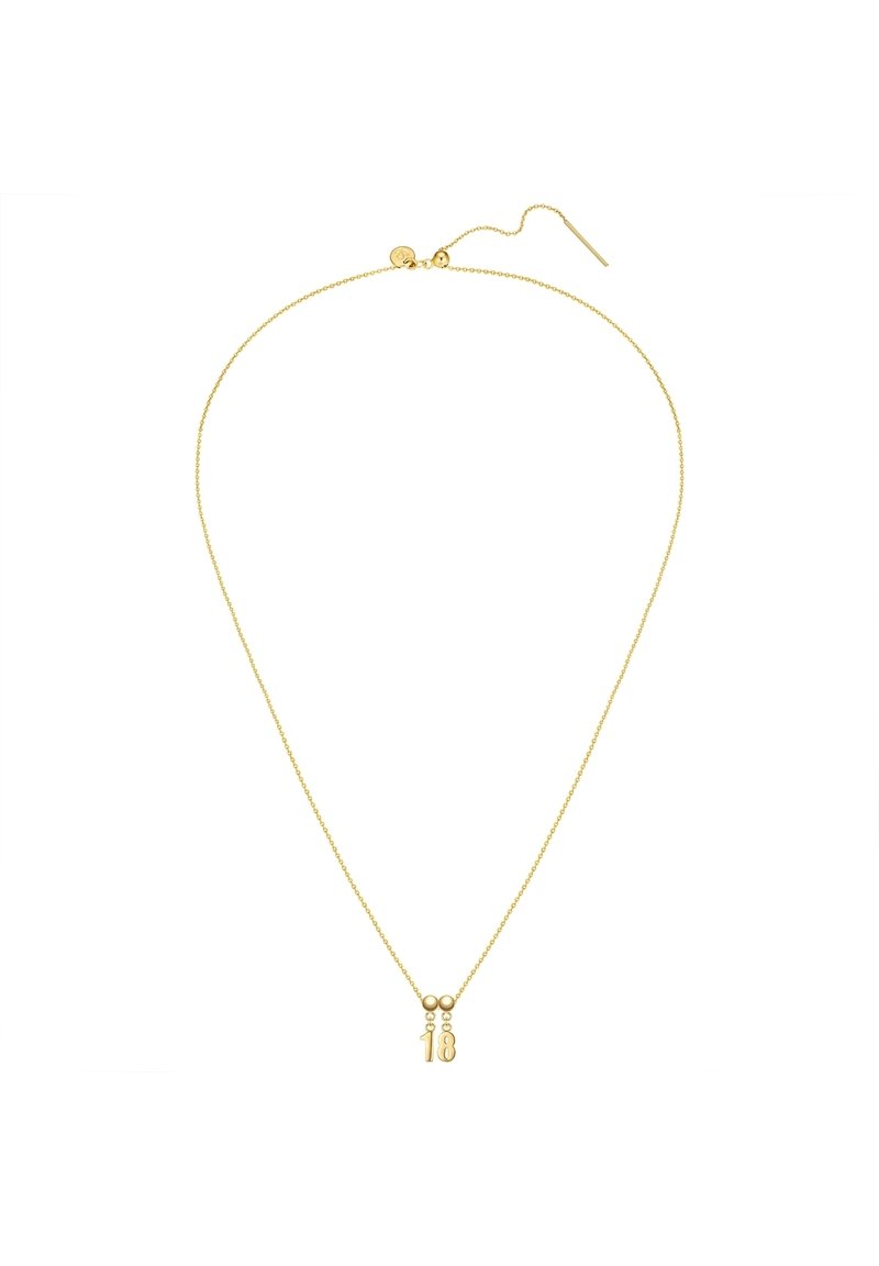 Guldkedja med en minimalistisk design och en "18" hängande berlock. Slät yta, delikata länkar och låsning på baksidan.