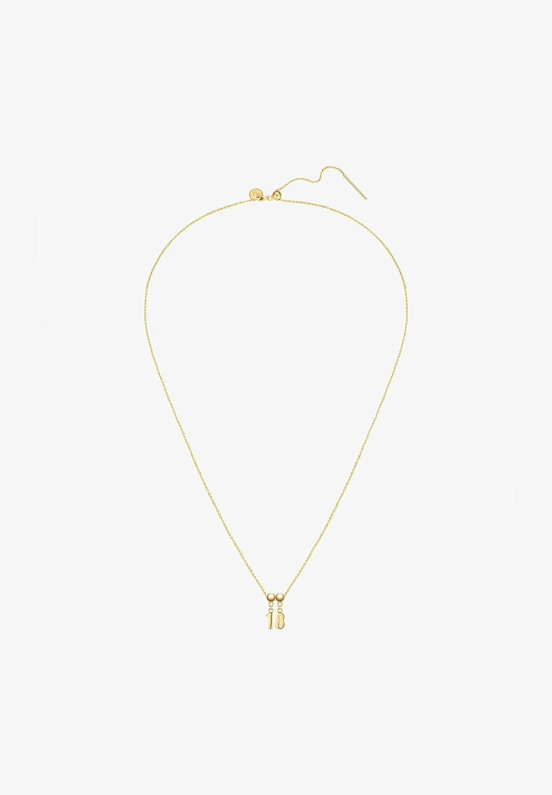 Guldkedja med en minimalistisk design och en "18" hängande berlock. Slät yta, delikata länkar och låsning på baksidan.