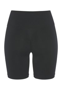 Zwarte biker shorts van rekbare stof, met een brede geribbelde tailleband en een gladde textuur. Korte lengte met een getailleerde pasvorm.