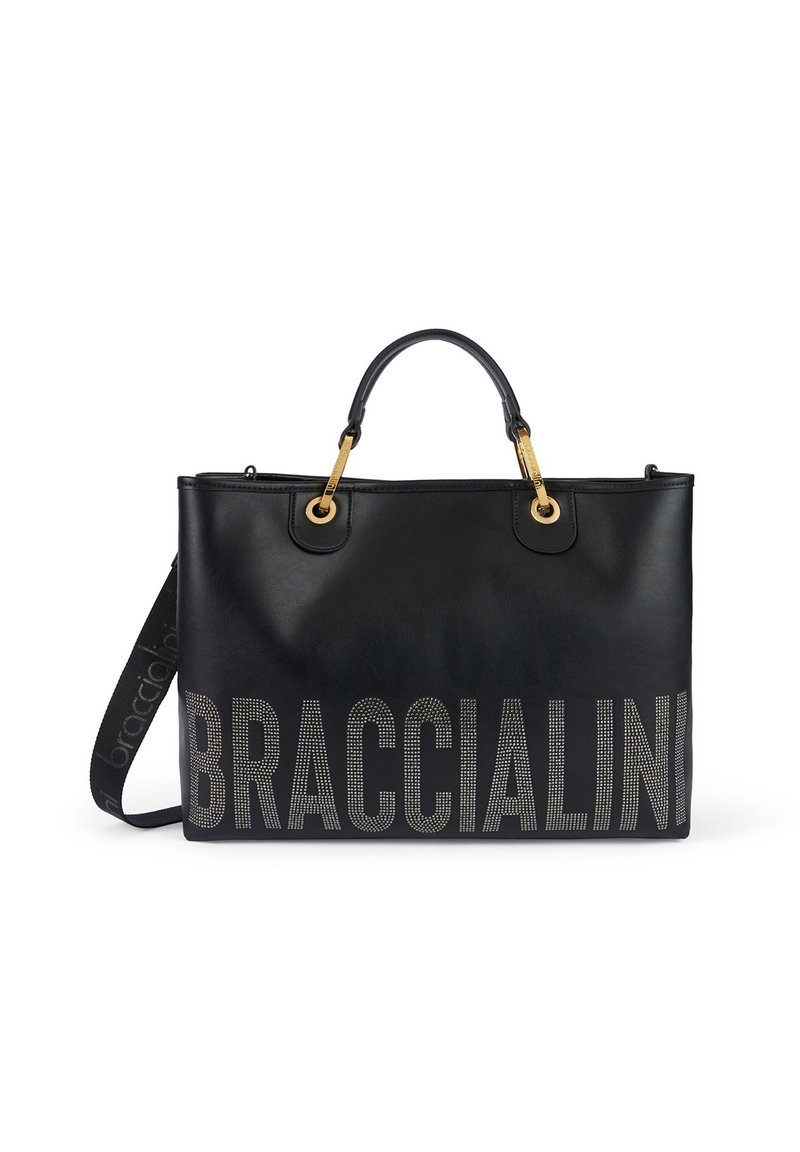 Borsa a mano in pelle nera con hardware dorato, caratterizzata dal nome del marchio "BRACCIALINI" stampato in borchie argentate sul davanti.