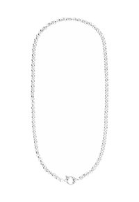 Zilveren ketting met in elkaar grijpende schakels, een gladde textuur en een ronde sluiting. Eenvoudig ontwerp met uniforme vorm en kleur.