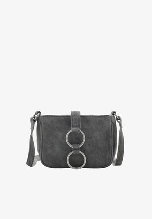 Sac bandoulière en daim gris foncé avec deux décorations en anneaux argentés et une sangle d'épaule réglable.