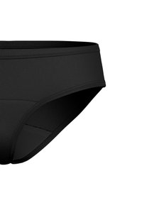 Musta bikinin alaosa, jossa on sileä ja joustava rakenne. Varustettu leveällä vyötäröresorilla ja saumanvapailla reunoilla mukavuutta varten. Minimalistinen muotoilu.