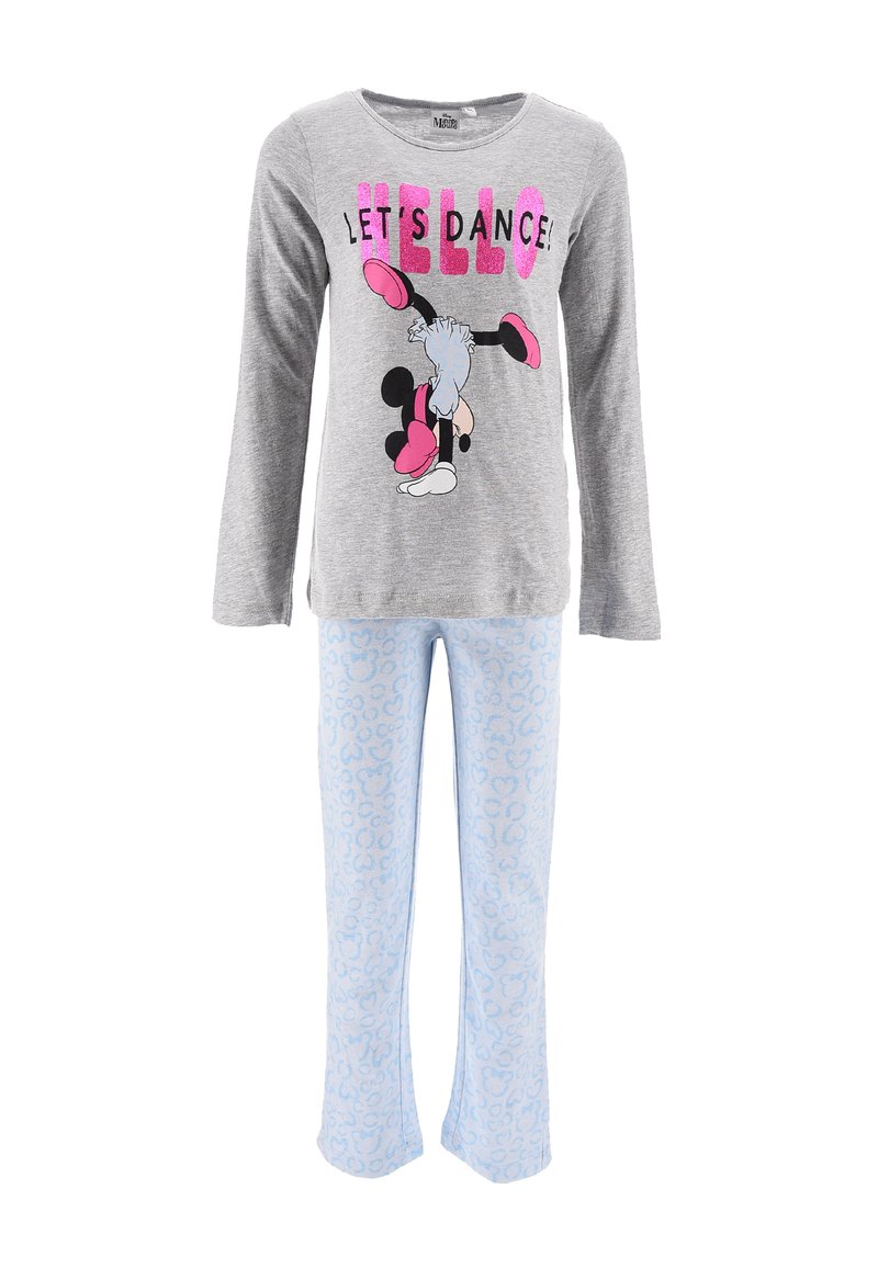 Top gris de manga larga con estampado en rosa y negro que dice "¡BAILEMOS!" con un personaje de dibujos animados. Pantalones de pijama azul claro con un patrón de corazones.