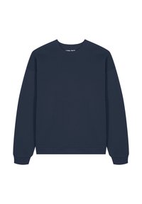 Felpa blu navy in cotone, con colletto a giro, maniche lunghe, polsini e orlo a coste, caratterizzata da un design minimalista.