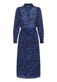 Blaues Kleid mit schwarzem abstraktem Muster, Knopfleiste vorne, Kragen, langen Ärmeln und tailliertem Gürtel. Leichter, transparenter Stoff.