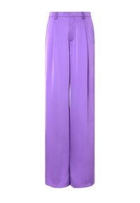 Pantaloni a vita alta, a gamba larga, in morbido e lucido tessuto lavanda. Presentano pieghe frontali e passanti per cintura, progettati per un fit rilassato.