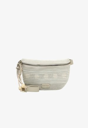 Cremefarbene, gewebte Umhängetasche mit Reißverschluss, verstellbarem Riemen, Perlendetails und Markenlabel "Suri Frey" auf der Vorderseite.