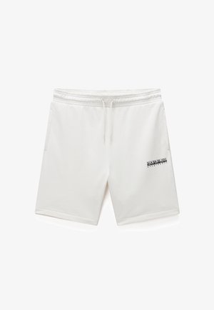 Witte casual korte broek met elastische tailleband en trekkoord, zijzakken en zwart "Napapijri Geographic" logo op het linkerbeen.