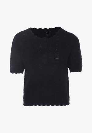 Fekete, rövid ujjú felső, fodros kivágással, texturált anyagból készült, gombos elülső résszel. Egyszerű szabás, testhez simuló siluett.