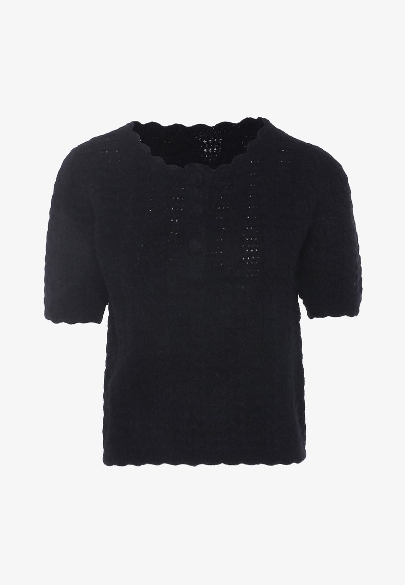 Fekete, rövid ujjú felső, fodros kivágással, texturált anyagból készült, gombos elülső résszel. Egyszerű szabás, testhez simuló siluett.