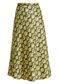 Flareskirt med ett mönster av gula och svarta ormar, med en slät textur och en hög midja-design.