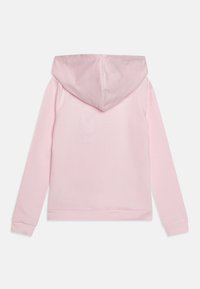 Felpa con cappuccio rosa chiaro, maniche lunghe, orlo arrotondato, tasca a marsupio e materiale in cotone morbido. Texture liscia, senza motivi visibili.