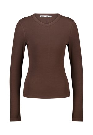 Bruine longsleeve top van ribstof. Beschikt over een ronde halslijn en een getailleerd ontwerp, met lange mouwen en een zachte textuur.