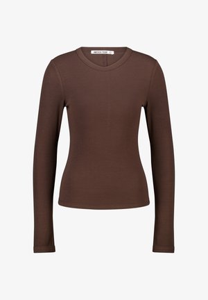 Brown long-sleeve top made from ribbed fabric. Features a round neckline and fitted design, with long sleeves and a smooth texture.