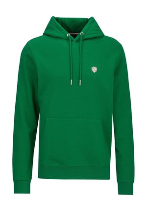 Grüner Kapuzenpullover mit Kängurutasche vorne, verstellbarer Kapuze mit Kordelzug und kleinem weißem Emblem auf der Brust.