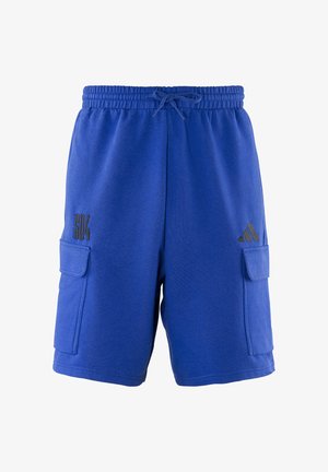 Pantalones cortos deportivos azules con cintura elástica, cordón ajustable, bolsillos cargo y los logos negros "S04" y Adidas en cada pierna.