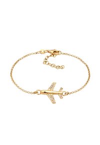 Goldarmband mit einem Flugzeugcharme, der mit klaren Kristallen verziert ist, verbunden durch eine zarte Kette mit einem verstellbaren Verschluss.