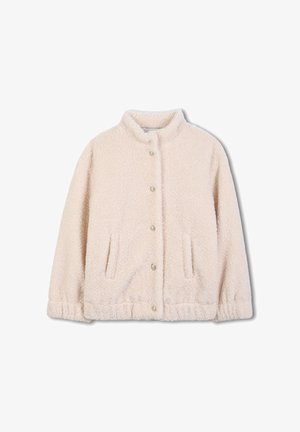 Veste beige en peluche avec un col haut, des boutons à l'avant et des poches latérales. Présente des poignets et un ourlet élastiqués pour un ajustement parfait.
