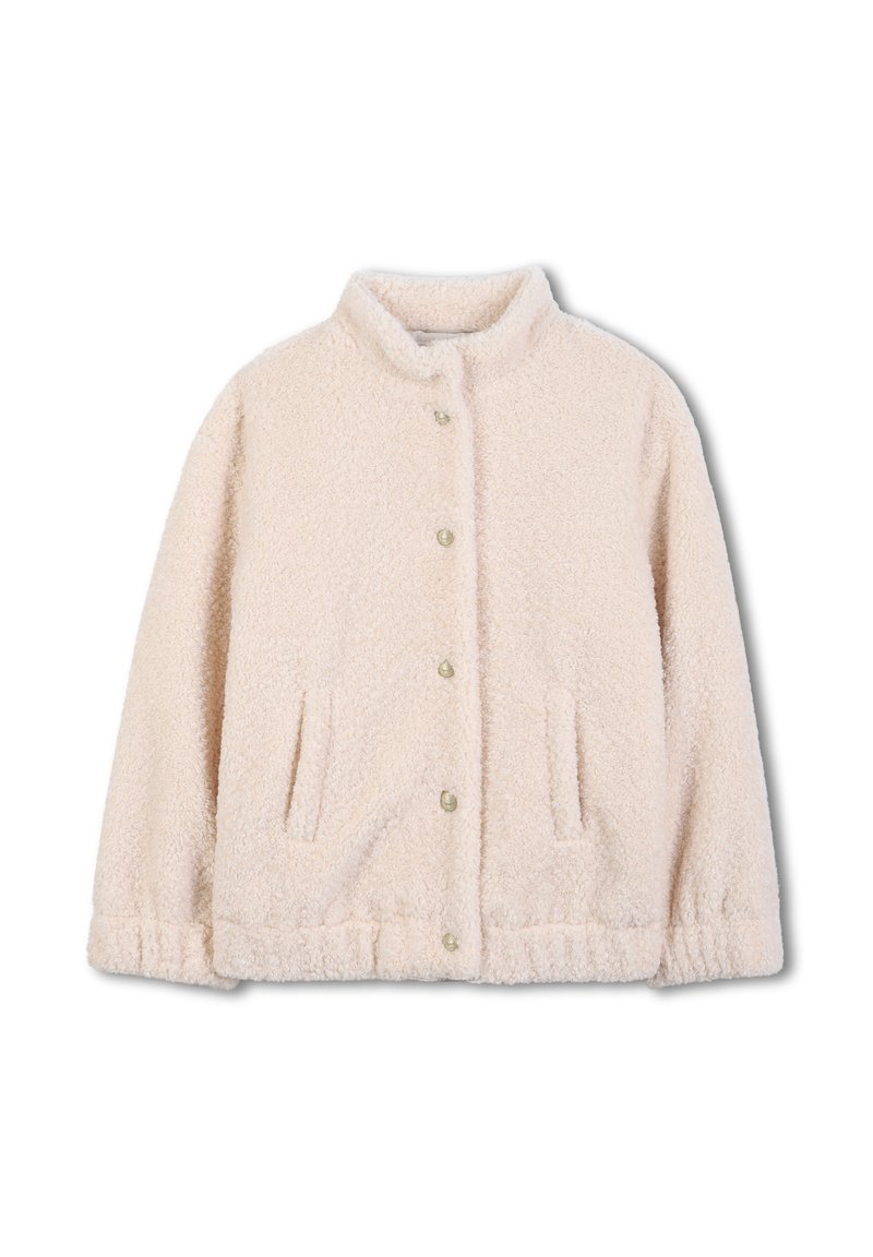 Fuzzy beige jacket with a high collar, front buttons, and side pockets. Features elasticized cuffs and hem for a snug fit.