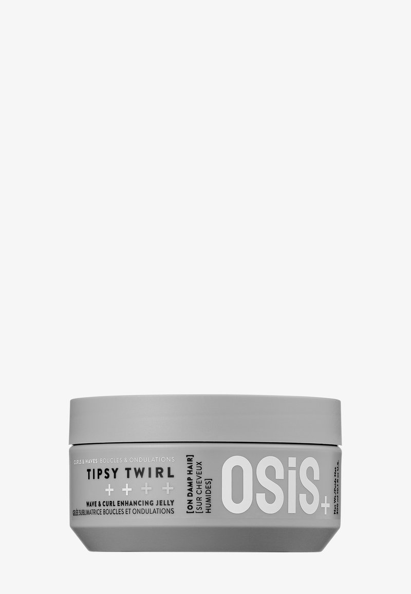 Contenitore rotondo di Osis+ Tipsy Twirl gelatina per onde e ricci su capelli umidi, con tappo grigio e etichetta grigio chiaro.