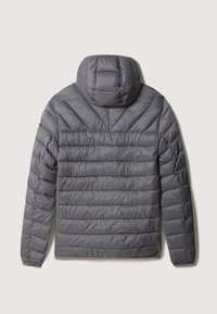 Gray puffer jacket with a textured finish, featuring a hood, vertical stitching, and a lightweight design for insulation.