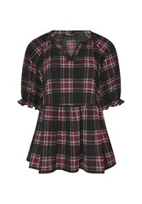 Blusa a scacchi nera e bordeaux con vestibilità ampia, maniche a sbuffo corte, scollo a V e orlo arricciato per un tocco in più.