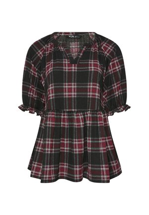 Schwarz-burgunder Karo-Bluse mit lockerer Passform, kurzen Puffärmel, V-Ausschnitt und einem Rüschensaum für zusätzliche Details.