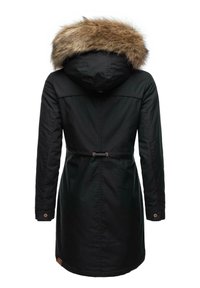 Black parka with a fur-lined hood, cinched waist, long sleeves, and button accents. Smooth fabric with a mid-length design.