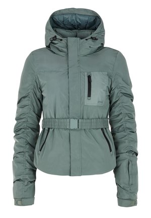 Grüne gepolsterte Jacke mit Kapuze, frontalem Reißverschluss, elastischem Gürtel in der Taille und seitlichen Reißverschlusstaschen. Sie verfügt über geraffte Ärmel und eine strukturierte Oberfläche.