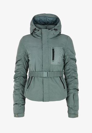 Green padded jacket with a hood, front zip, elastic belt at the waist, and side zip pockets. Features gathered sleeves and a textured finish.