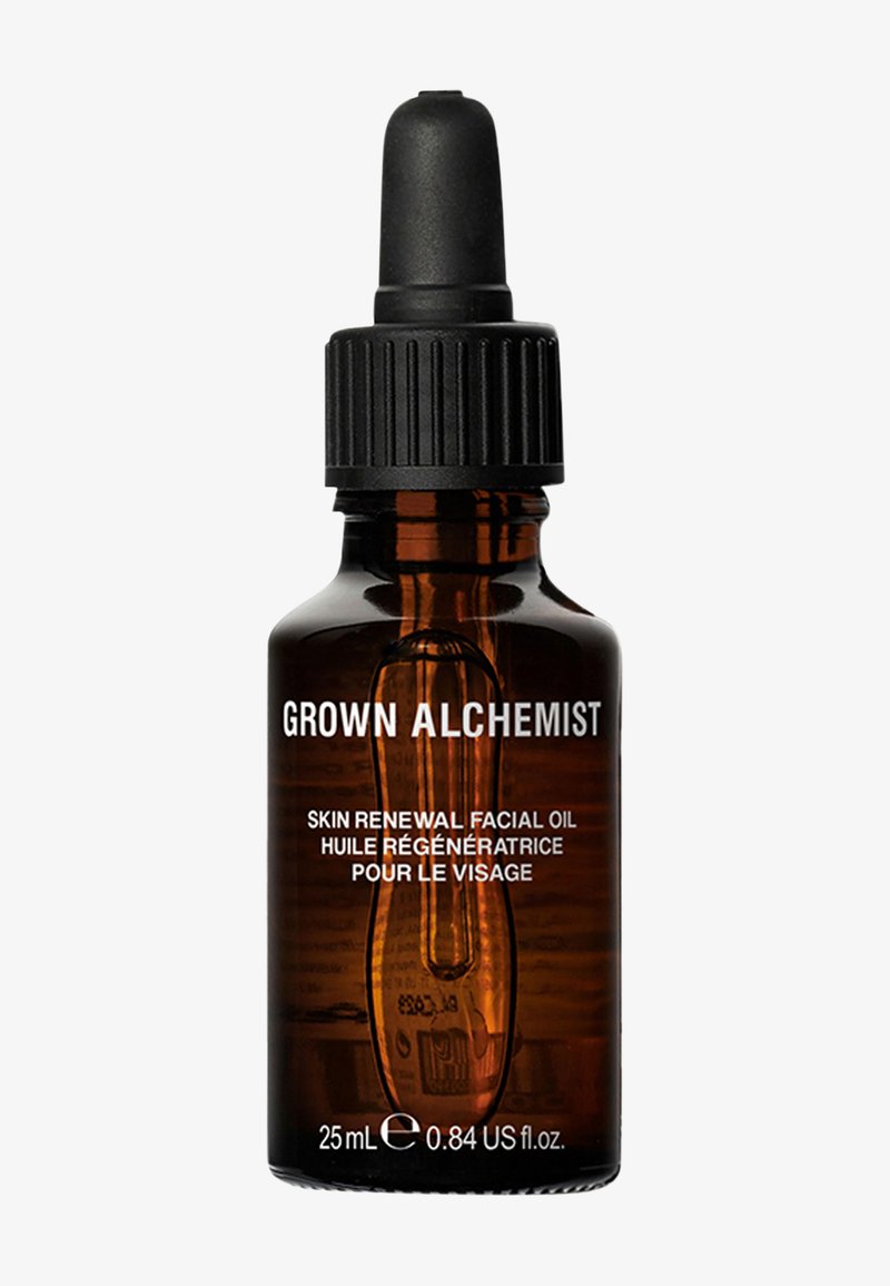 Bouteille en verre ambré avec compte-gouttes noir, étiquetée "GROWN ALCHEMIST SKIN RENEWAL FACIAL OIL", taille de 25 mL.