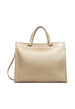 Sac à main en cuir beige texturé avec double poignée supérieure et bandoulière amovible, conçu pour un usage quotidien.