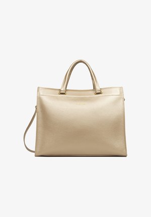 Sac à main en cuir beige texturé avec double poignée supérieure et bandoulière amovible, conçu pour un usage quotidien.