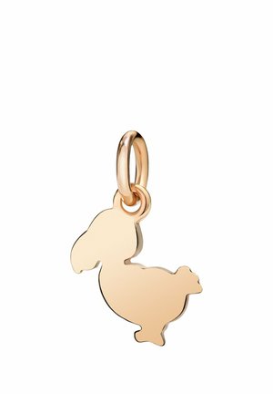 Anhänger aus goldfarbenem Metall in Form eines Dodos mit einer Öse zum Aufhängen an einer Halskette oder einem Armband.