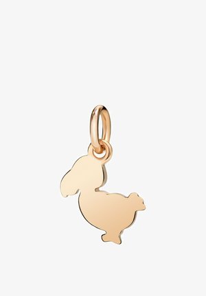 Anhänger aus goldfarbenem Metall in Form eines Dodos mit einer Öse zum Aufhängen an einer Halskette oder einem Armband.