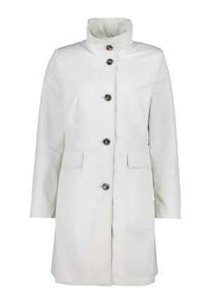 Lightweight white waterproof coat with a high collar, five front buttons, and two side pockets. Smooth texture and tailored fit.