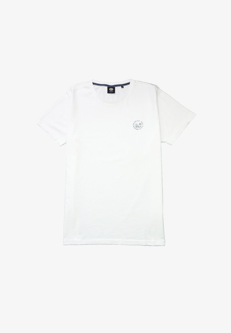 Hvid kortærmet t-shirt lavet af bomuld. Har en rund halsudskæring og et lille trykt design i marineblå på venstre brystområde.