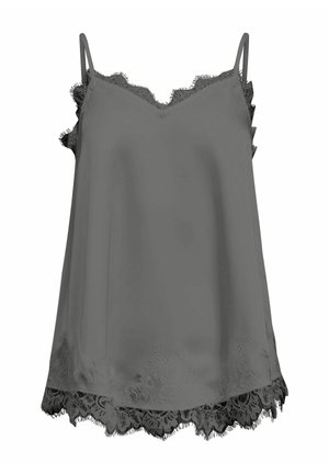 Hihaton harmaa satiinitoppi, jossa on pitsireunus pääntiellä, sivuilla ja helmassa, sekä ohuet olkaimet.