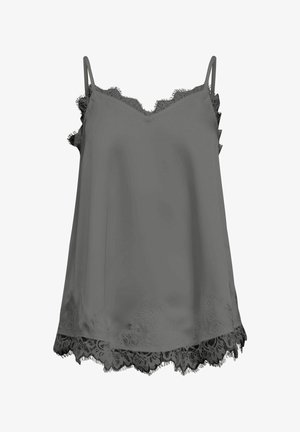Camisole en satin gris sans manches avec dentelle sur le décolleté, les côtés et l'ourlet, dotée de fines bretelles.