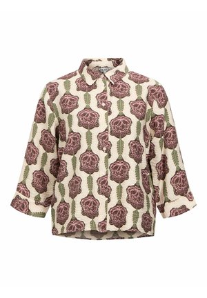 Košilová košile s krémovým pozadím a květinovým vzorem v burgundské a zelené barvě. Dlouhé rukávy s volným střihem. Texturovaná látka.