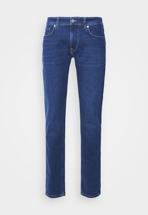 Calças de ganga azul-escuro com um corte reto, cinco bolsos, passantes para cinto, e fecho frontal em botão e zíper. Textura suave com costura discreta.