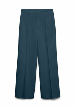 Hlače z visokim pasom, širokimi hlačnicami v temno modri barvi z zgibom spredaj in zavihanimi robovi, prikazane na belem ozadju.