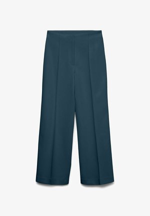 Hlače z visokim pasom, širokimi hlačnicami v temno modri barvi z zgibom spredaj in zavihanimi robovi, prikazane na belem ozadju.