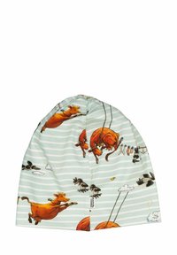 Puuvillapipo, jossa on vaaleanvihreitä raitoja ja leikkisiä lehmäkuvioita, joissa lentävät lehmät ja linnut taustalla pilvisten maisemien kanssa.