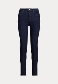 Slim fit jeans w ciemnoniebieskim denimu. Charakteryzują się wysokim stanem, pięcioma kieszeniami oraz zapięciem na guziki i zamek z przodu. Gładka faktura i minimalne szwy.