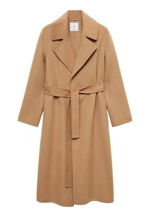 Camel-colored wool coat with a tailored design, long sleeves, wide collar, and a matching belt at the waist. Textured fabric finish.