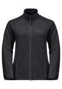 Giacca in pile nera con colletto alto, zip frontale completa e tasche laterali. Presenta il logo Jack Wolfskin in una stampa discreta.