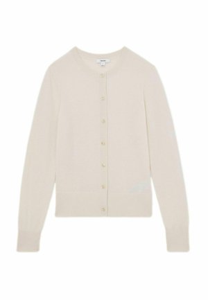 Krémový dámsky kardigán s dlhými rukávmi, okrúhlym výstrihom, zapínaním na gombíky vpredu a rebrovanými manžetami a lemom.