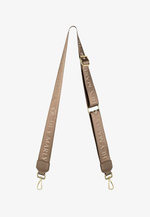 Verstelbare stoffen schouderband in bruin met geëmbosseerde "HEY MARLY"-tekst, gouden metalen hardware en een vlakke, gladde textuur.